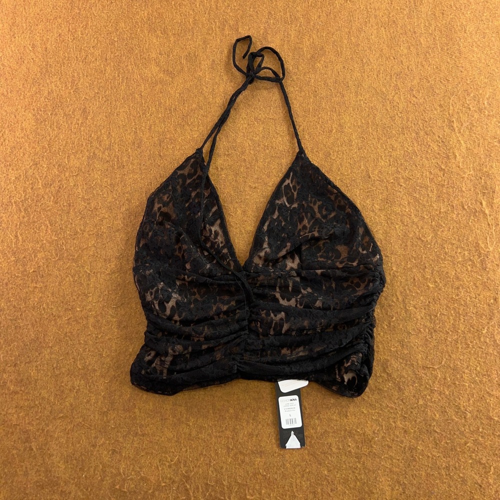 Fashion Nova Womens L Black Leopard Lace Ruched Halter Top V125MS06239